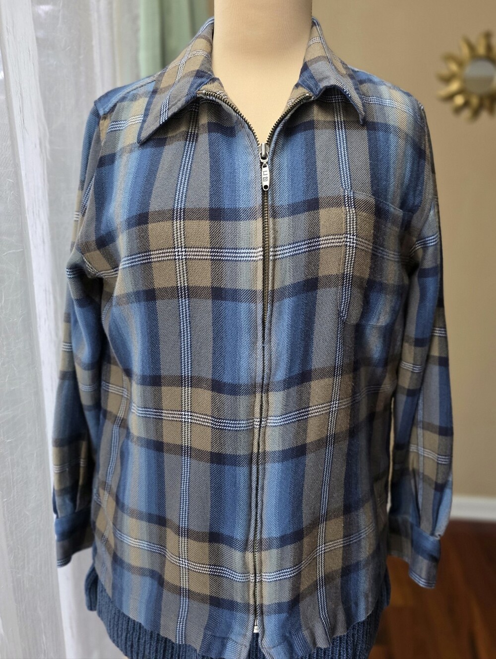 Blue Plaid Zip Flannel Jacket Elbow Patch Shacket Preppy Fall Christopher Banks
